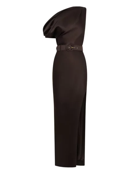 Maksi sukienka maxi Nicholas na jednym ramieniu garniturowa brązowa