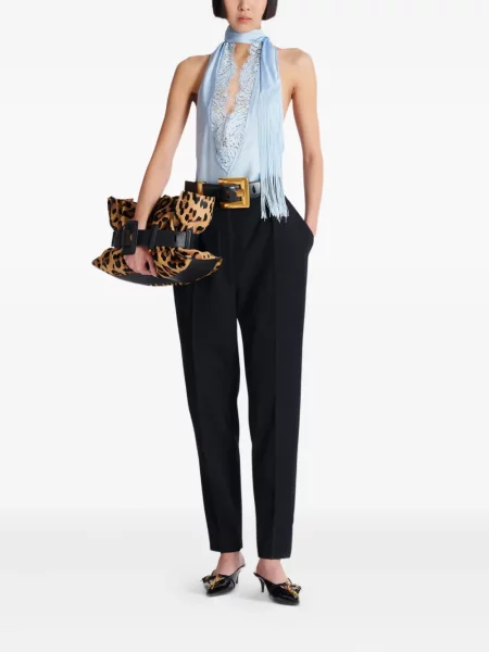 Top Balmain de mătase cu gât halter albastru