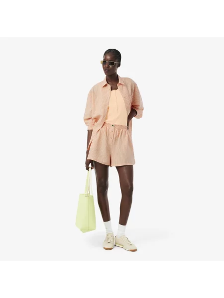 Lacoste Lniana Koszula W Paski Oversize pomarańczowa