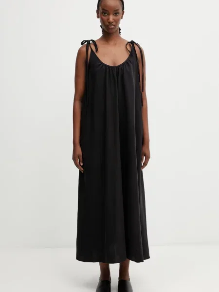 Anine Bing FLORA DRESS φόρεμα απλό με πρόσμιξη λινού μαύρο