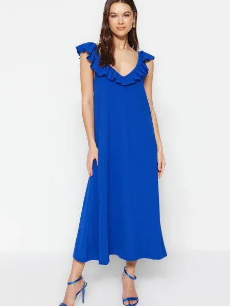 Pletena z ovratnikom midi obleka Trendyol modra