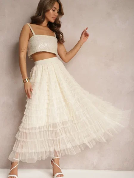 Tiulowa Spódnica Maxi z Gumką w Pasie Oliviah beżowa