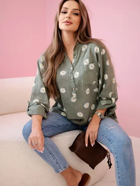 Lanena bluza Kesi Włoski s cvetličnim vzorcem z dolgimi rokavi kaki