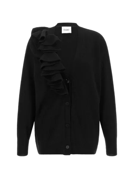 Cardigan Nude cu decolteu în V cu volane asimetric negru