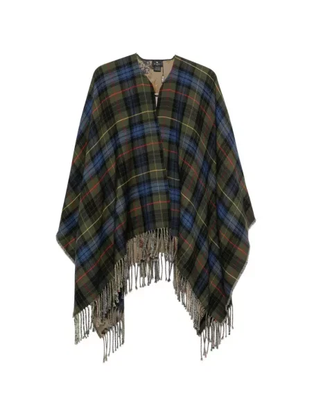 Poncho Etro cu franjuri în carouri verde