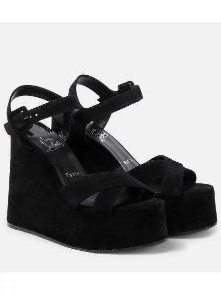 Sandale Christian Louboutin de catifea cu pană negru