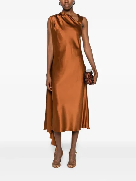 Rochie midi Max Mara de mătase drapată până la genunchi maro