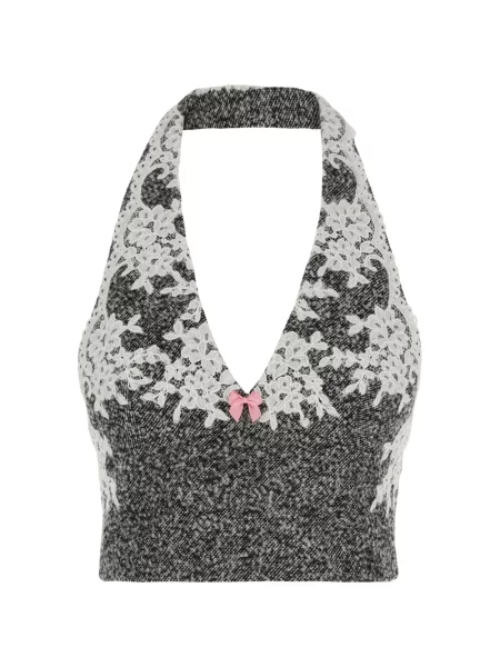 Top Markgong din dantelă cu gât halter gri
