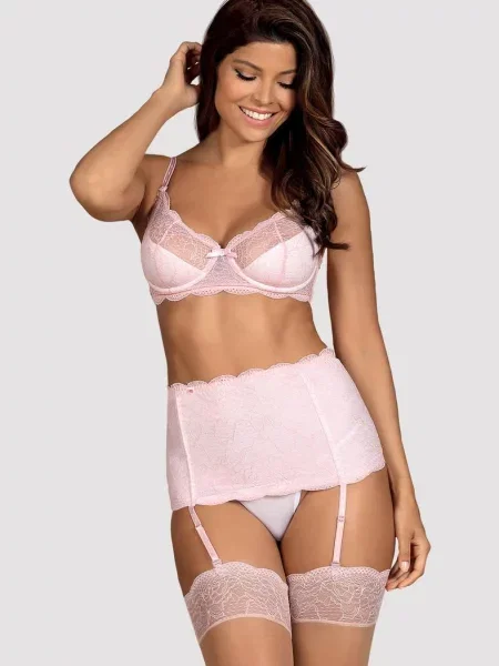Кружевной комплект тройка: бюстгальтер для чулок и трусики стринг Комплект_Obsessive_Girlly_set рожеві