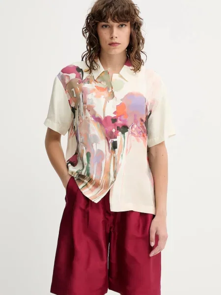 MUNTHE cămașă de mătase PIANE cu guler clasic relaxed bej