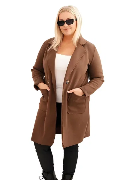 Kesi Włoski Dámsky elegantný kabát Plus Size s golierom a veľkými čokoládový čierna