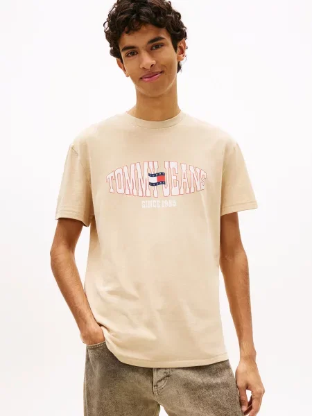 Tommy Jeans Tričko béžová / námornícka modrá / jasne červená biela