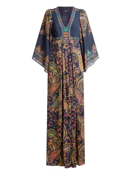 Rochie Etro cu imagine cu decolteu în V cu model paisley albastru