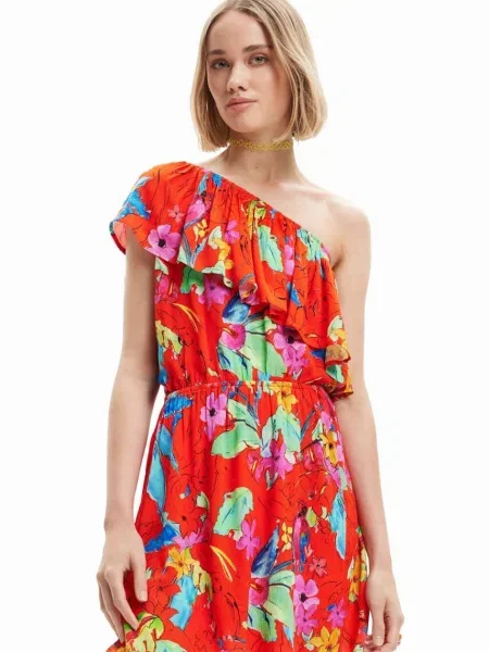 Рокля Desigual къс модел със стандартна кройка червено