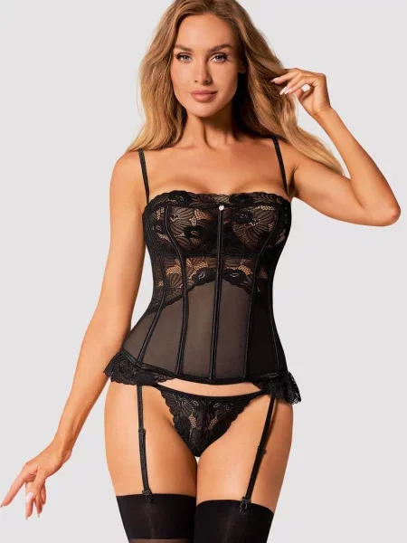 Кружевной корсет с пажами и трусики стринг Комплект_Obsessive_Serena_Love_corset чорні