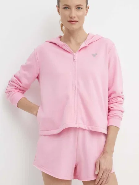 Суичър с качулка Guess с качулка розово