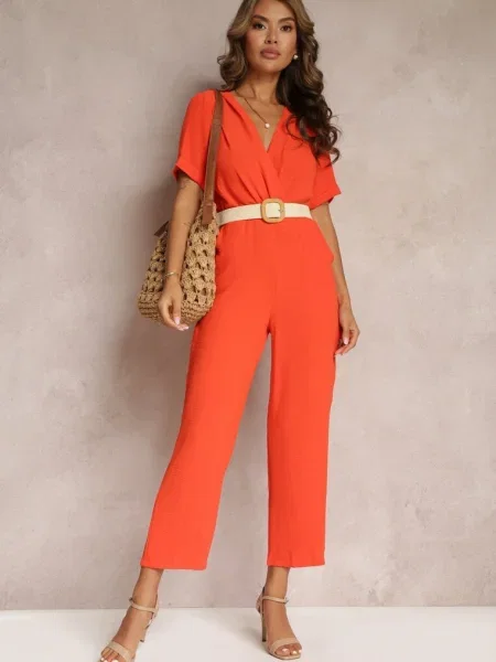 Salopetă cu Decolteu Petrecut și Mâneci Scurte din Coridsa portocalie