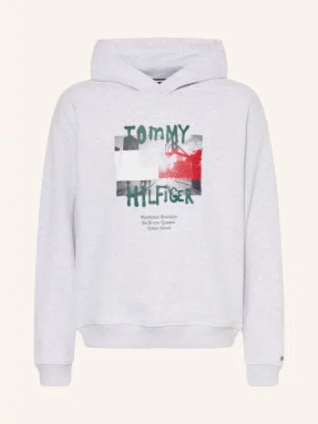 Tommy Hilfiger Mikina S Kapucí světle šedá / červená / tmavě zelená černá