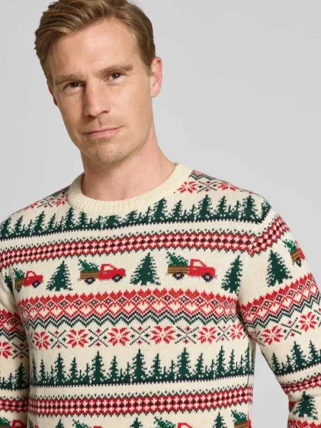 Sweter z dzianiny ze wzorem na całej powierzchni model ‘Winter village’ Lindbergh biały