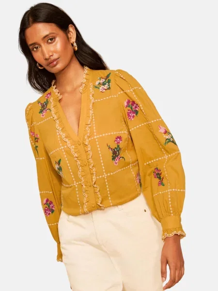 Love & roses Bluză crem / curry / verde pin galben