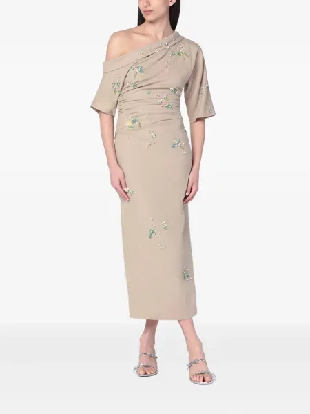 Sukienka midi Bernadette do kolan na jednym ramieniu garniturowa brązowa