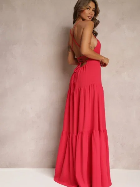 Rochie maxi evazată cu volane și legare la spate Karins roșie
