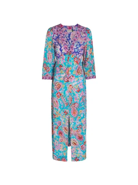 Копринена миди рокля Rixo на цветя с принт синьо