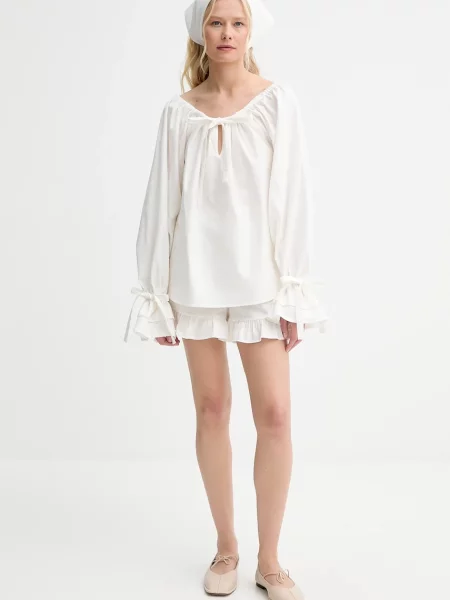 Лляні шорти The Sleeper однотонні висока посадка бежевий