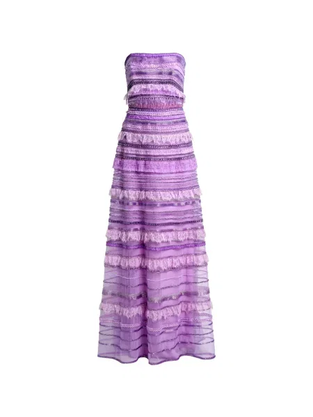 Rochie maxi Elie Saab cu broderie fără bretele violet