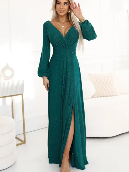 Długa sukienka maxi Numoco z długim rękawem z rozcieciem zielona