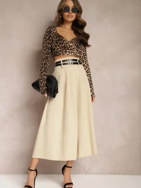 Fustă Cloș Plisată Cu Două Cu Cataramă Jaleara bej