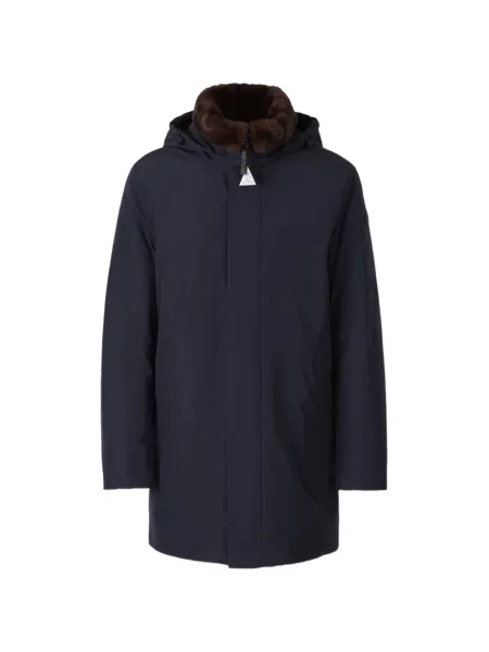 Lung geacă cu puf Moncler cu glugă albastru