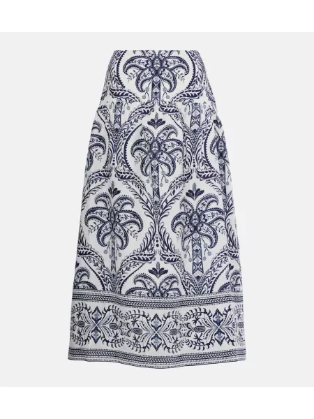 Lniana spódnica midi Farm Rio z nadrukiem w tropikalny nadruk niebieska