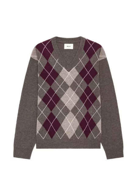 Pulover Nn07 cu decolteu în V cu model argyle gri