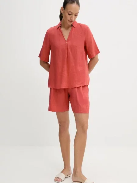 Льняна блузка United Colors of Benetton однотонна червоний