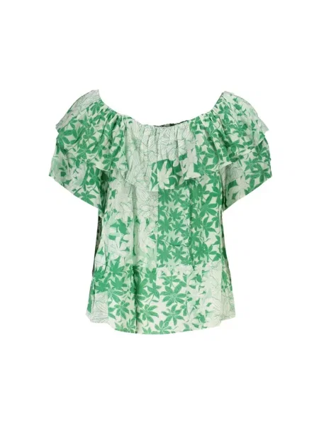 Wielobarwność koszulka Desigual boho z dekoltem w łódkę zielona