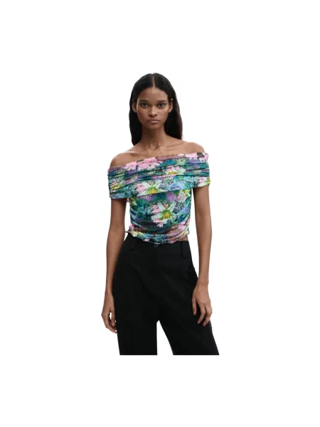 Top Desigual z dekoltem w łódkę w kwiatki z krótkim rękawem niebieski