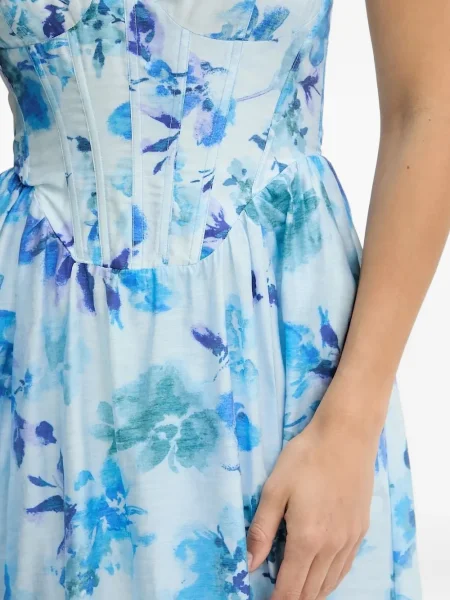 Rochie midi Bardot cu model floral până la genunchi de costum albastru
