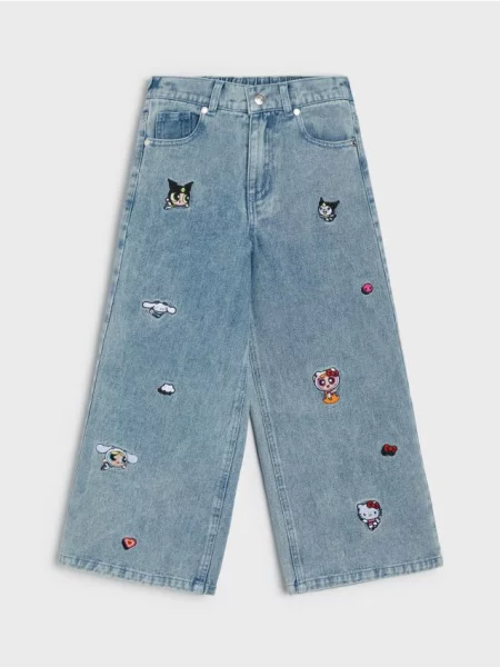 Sinsay Džíny wide leg s výšivkou Hello Kitty and Friends x Powerpuff Girls modrá