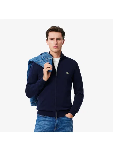Lacoste Monochromatyczny Sweter Z Wysokim Kołnierzem I Zamkiem Błyskawicznym granatowy
