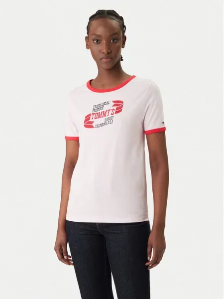 Tommy Jeans Majica Wavy Flag Contrast Ringer roza