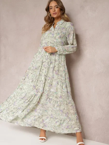 Rochie Mint Cămașă Maxi Flori Volan Jos Nilmisse verde