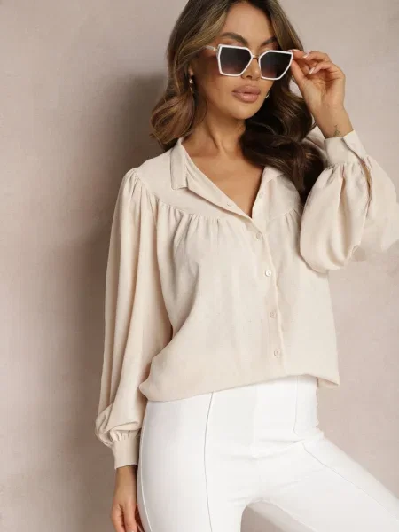 Jasnobeżowa Koszula ze Stójką Inspirowana Stylem Retro Bubiana beżowa