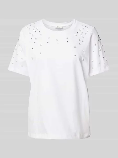 T-shirt o kroju relaxed fit z czystej bawełny z biżuteryjnymi perłami S.oliver Red Label biała