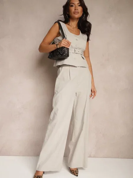 Komplet Garniturowy z Wiskozą Szerokie Spodnie i Kamizelka Helivia beżowy