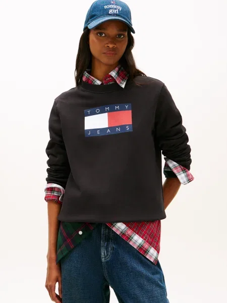 Tommy Jeans Megztinis be užsegimo tamsiai mėlyna / spanguolių balta juoda