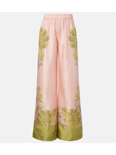 Pantaloni palazzo La Doublej de mătase cu model floral roz