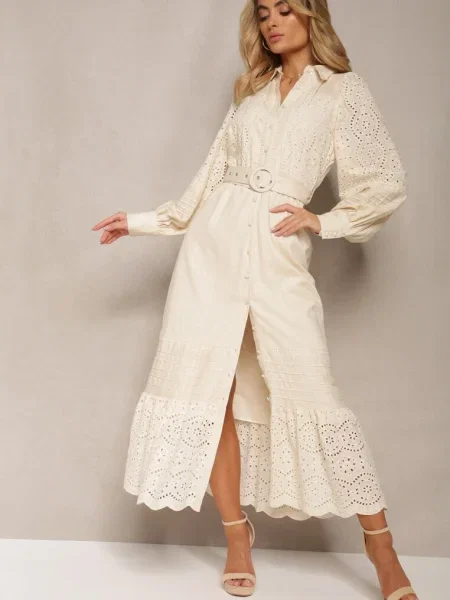 Ażurowa Sukienka Koszulowa z z Lnu i Arinemes beżowa