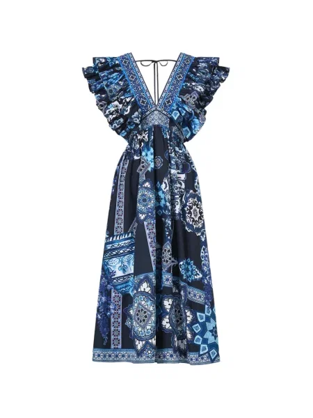 Rochie midi Camilla cu volane de costum albastru