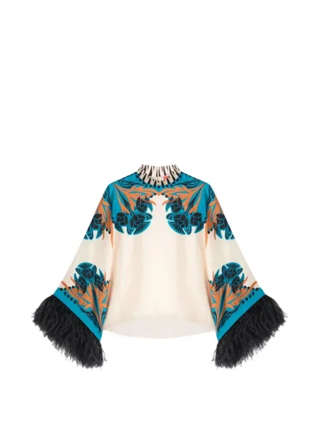 Bluză La Doublej de mătase cu pene cu model floral